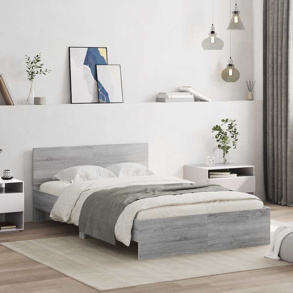 Bettgestell mit Kopfteil LED-Beleuchtung Grau Sonoma 135x190 cm