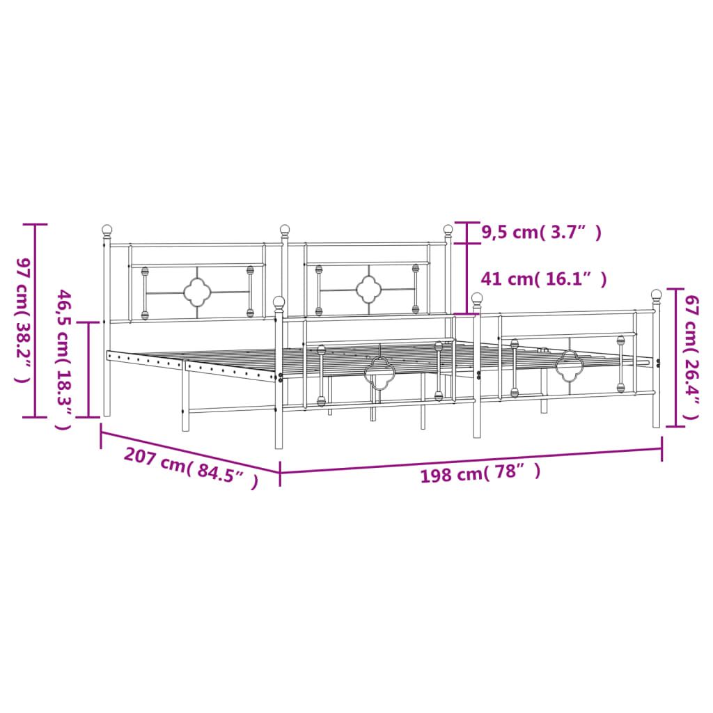 Bed frame with head and footboard metal black 193x203 cm