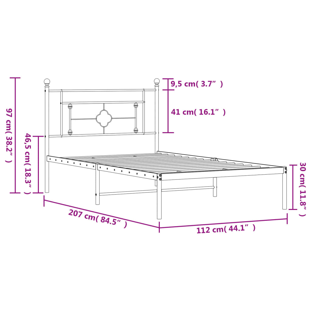 Bed frame with headboard metal white 107x203 cm