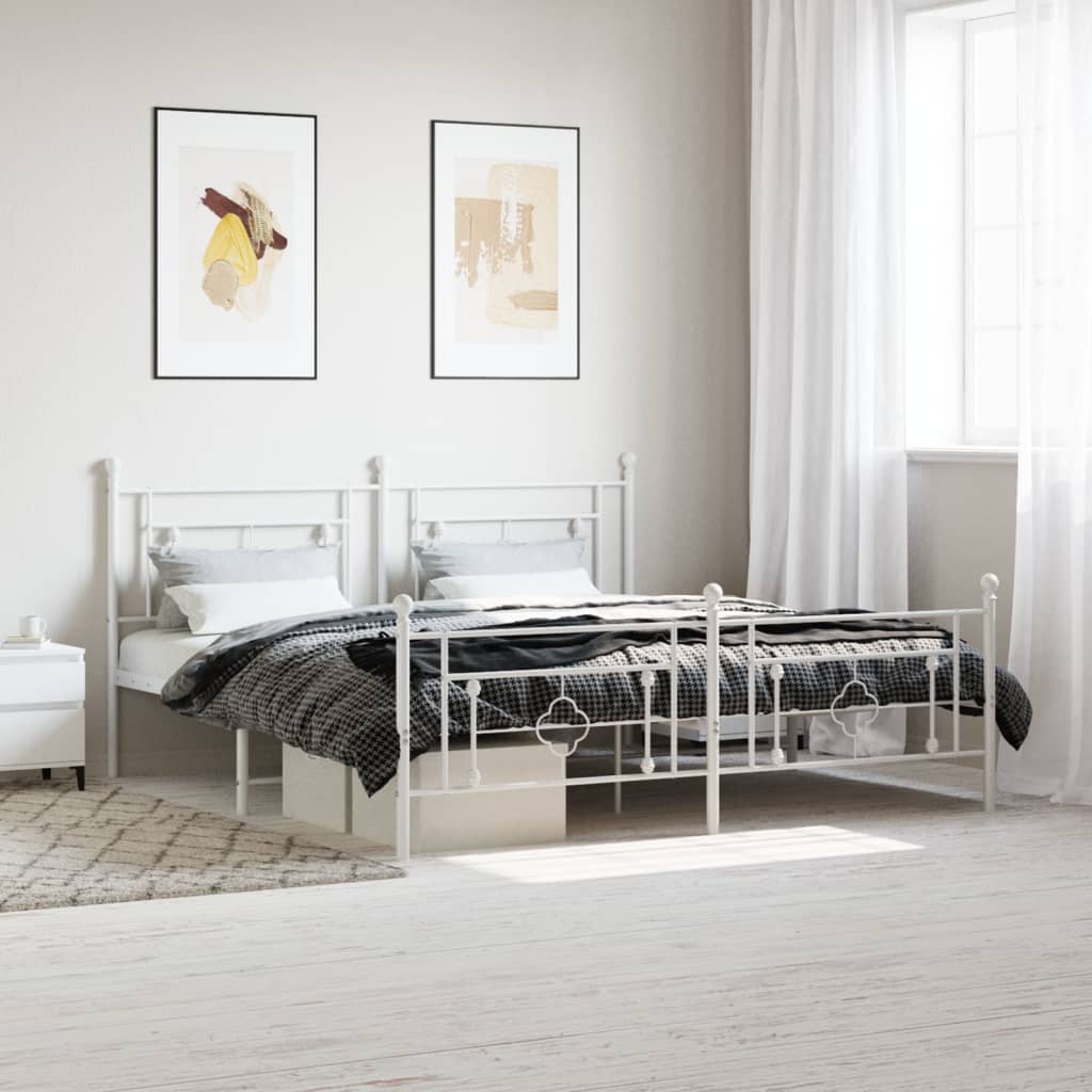 Bed frame with head and footboard metal white 183x213 cm