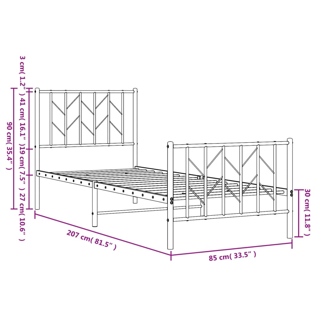 Bed frame with head and footboard metal white 80x200 cm