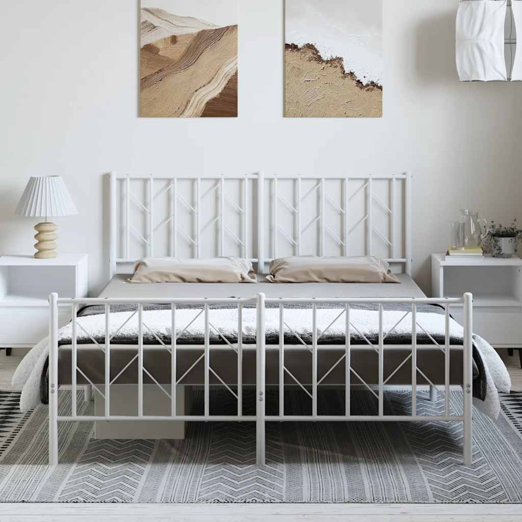 Bed frame with head and footboard metal white 193x203 cm