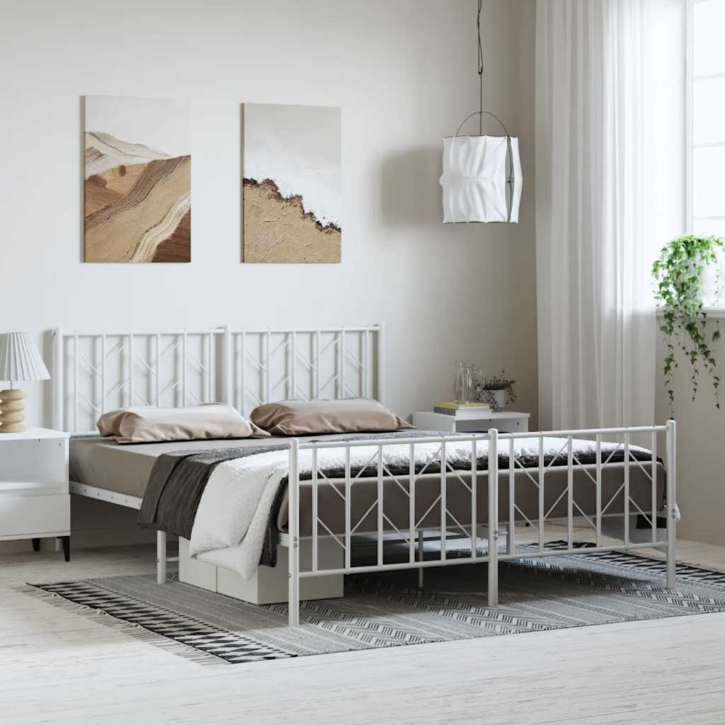 Bed frame with head and footboard metal white 193x203 cm