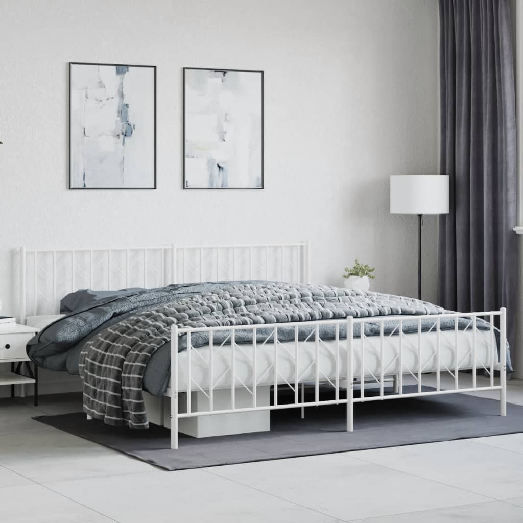 Bed frame with head and footboard metal white 200x200 cm