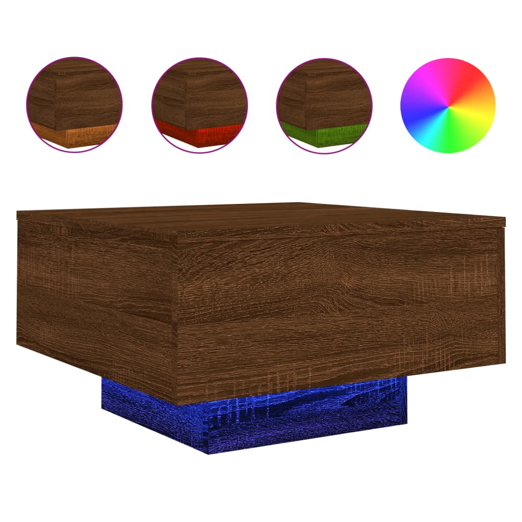 Table basse avec lumières LED aspect chêne marron 55x55x31 cm