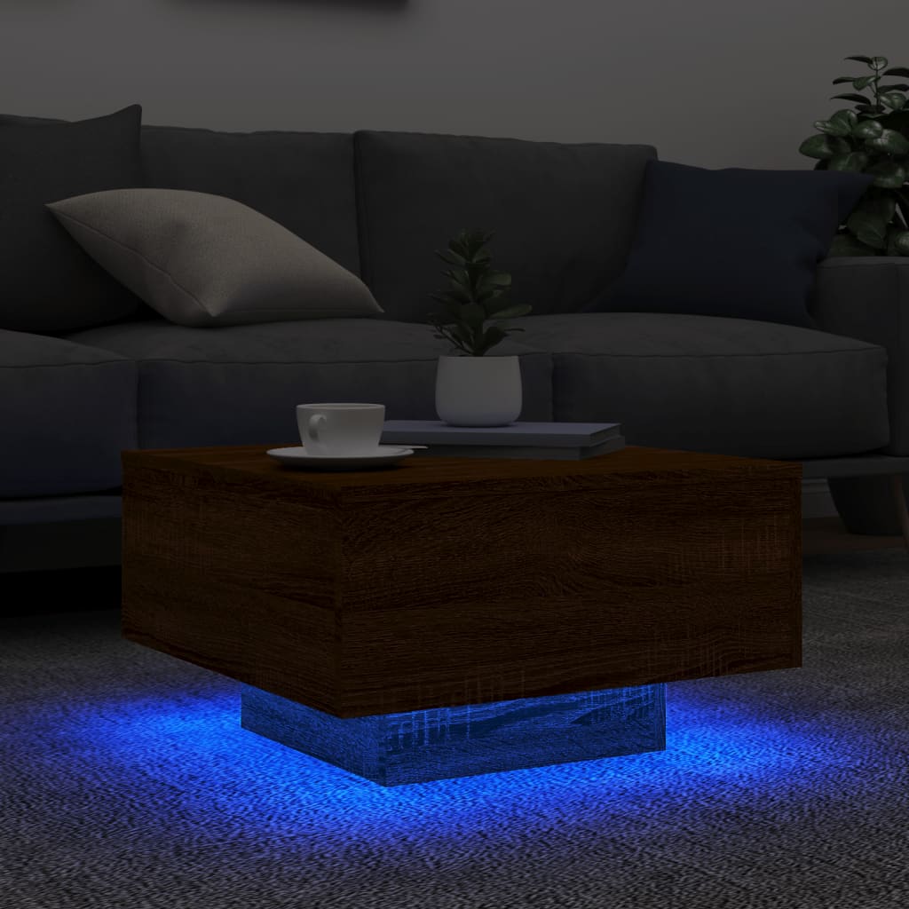 Table basse avec lumières LED aspect chêne marron 55x55x31 cm