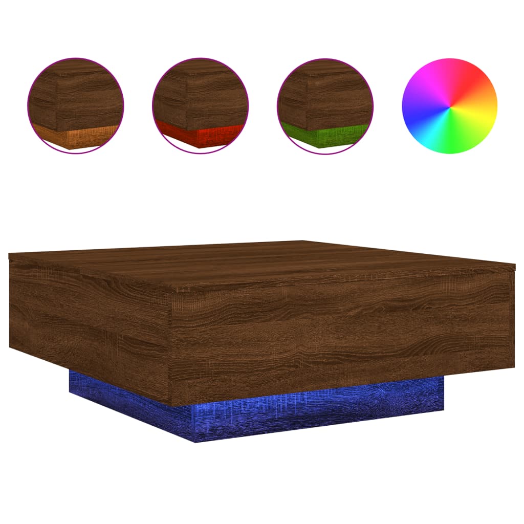 Table basse avec lumières LED aspect chêne marron 80x80x31 cm