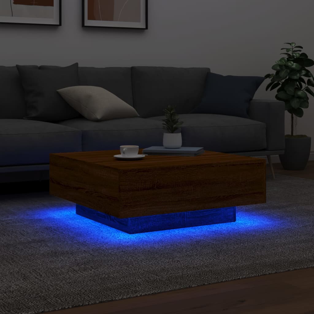 Table basse avec lumières LED aspect chêne marron 80x80x31 cm