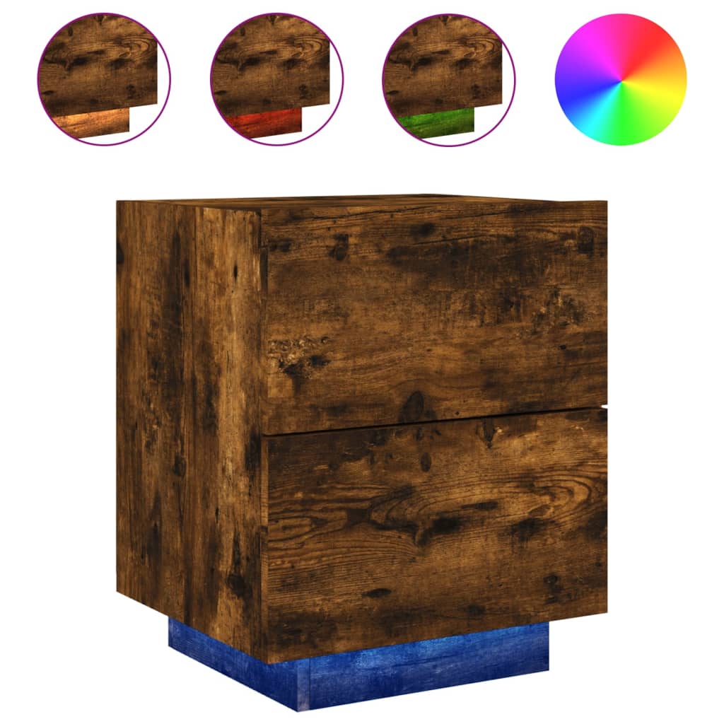 Bedside table with LED lights smoked oak wood material