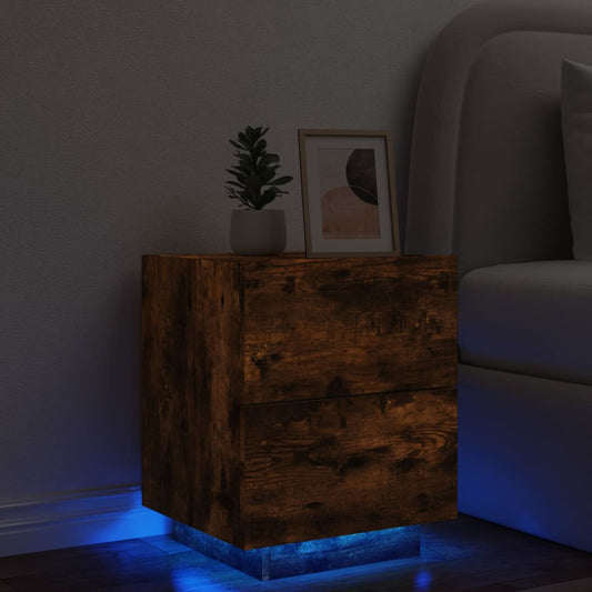 Bedside table with LED lights smoked oak wood material