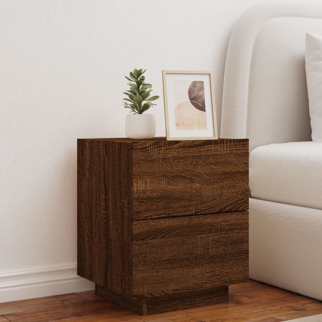 Bedside table with LED lights Brown oak look wood material
