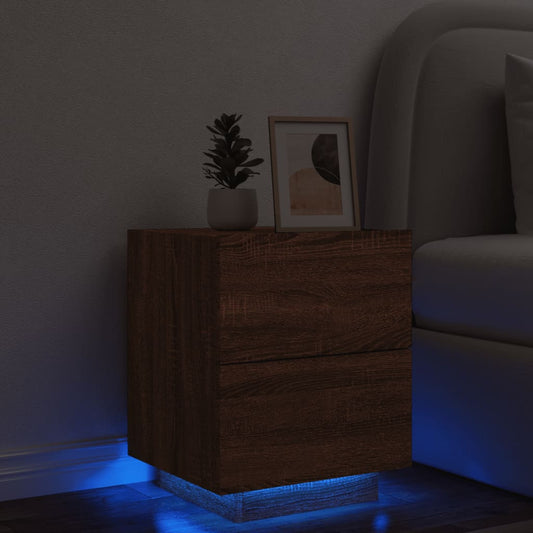 Bedside table with LED lights Brown oak look wood material