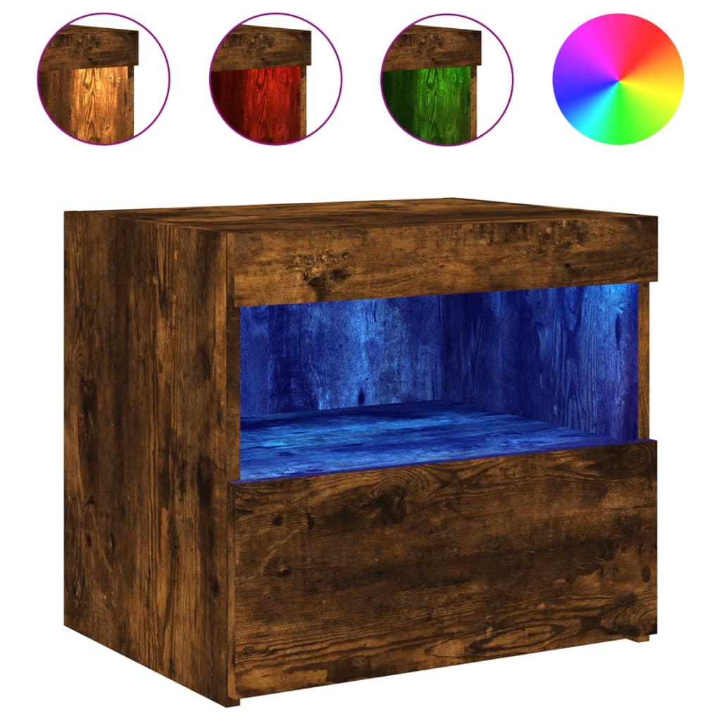 Bedside table with LED lights smoked oak 50x40x45 cm