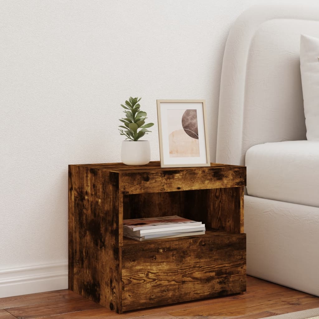 Bedside table with LED lights smoked oak 50x40x45 cm