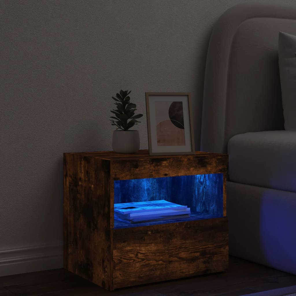 Bedside table with LED lights smoked oak 50x40x45 cm