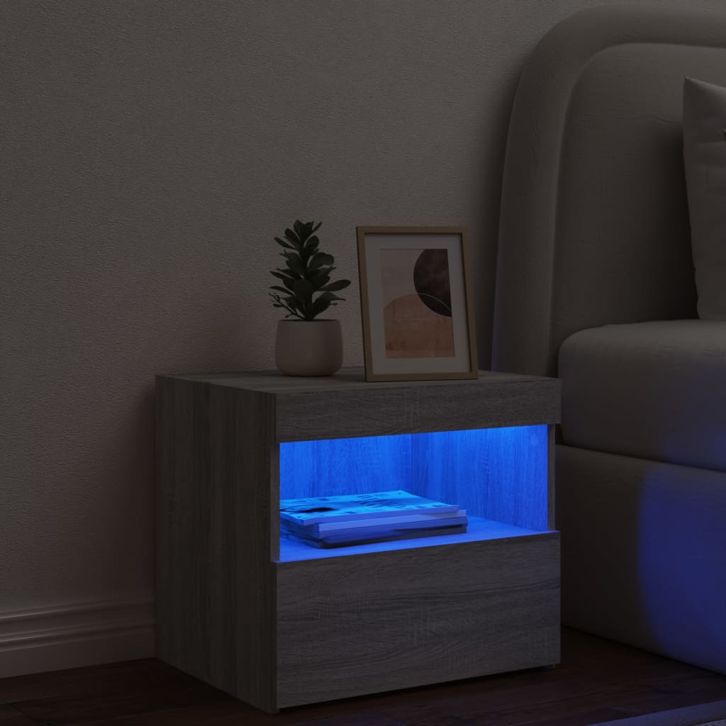 Bedside table with LED lights, Sonoma grey, 50x40x45 cm
