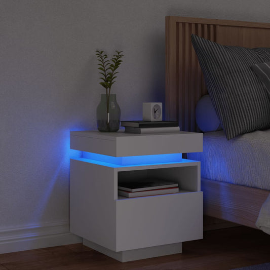 Bedside table with LED lights White 40x39x48.5 cm