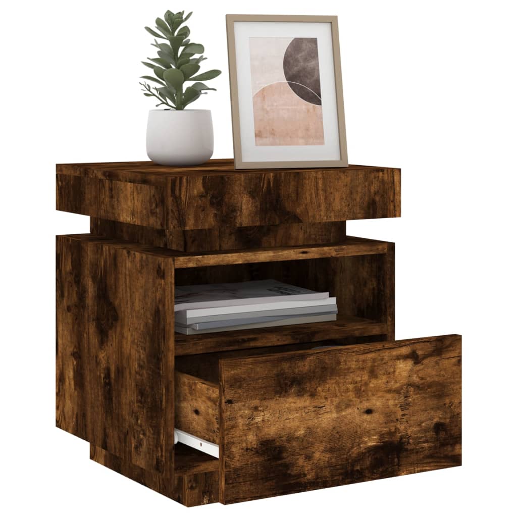 Bedside table with LED lights smoked oak 40x39x48.5 cm