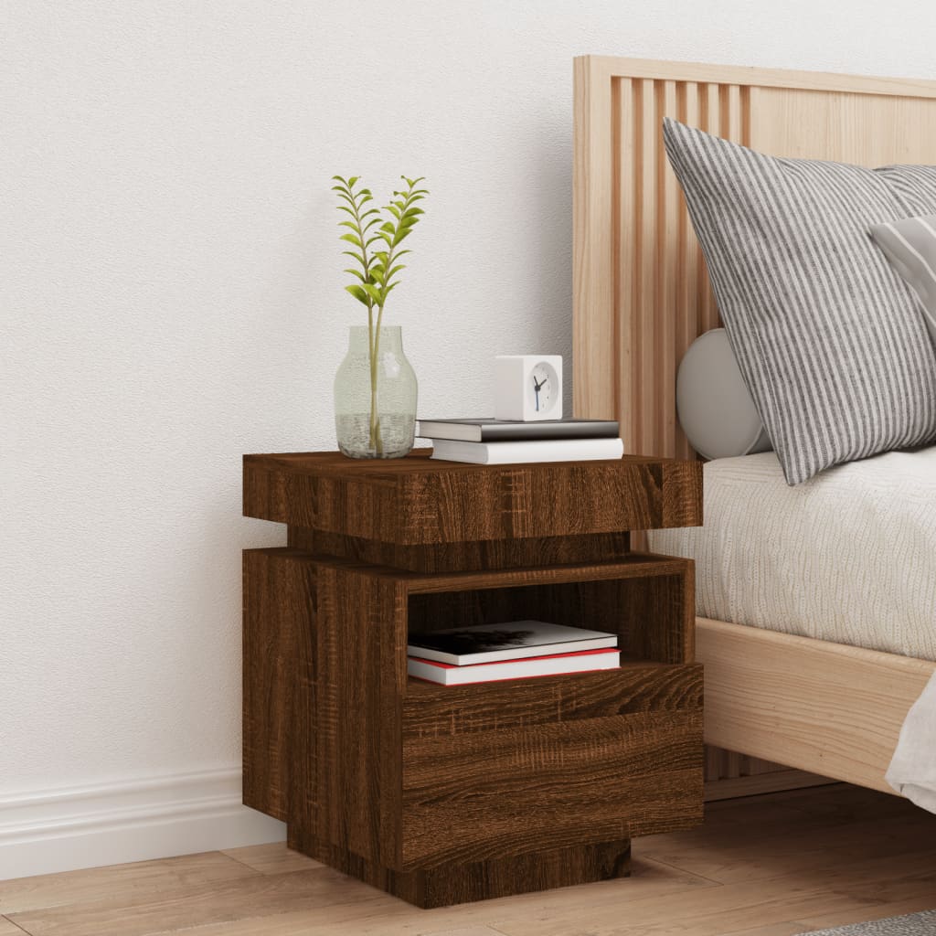 Bedside table with LED lights brown oak look 40x39x48.5 cm