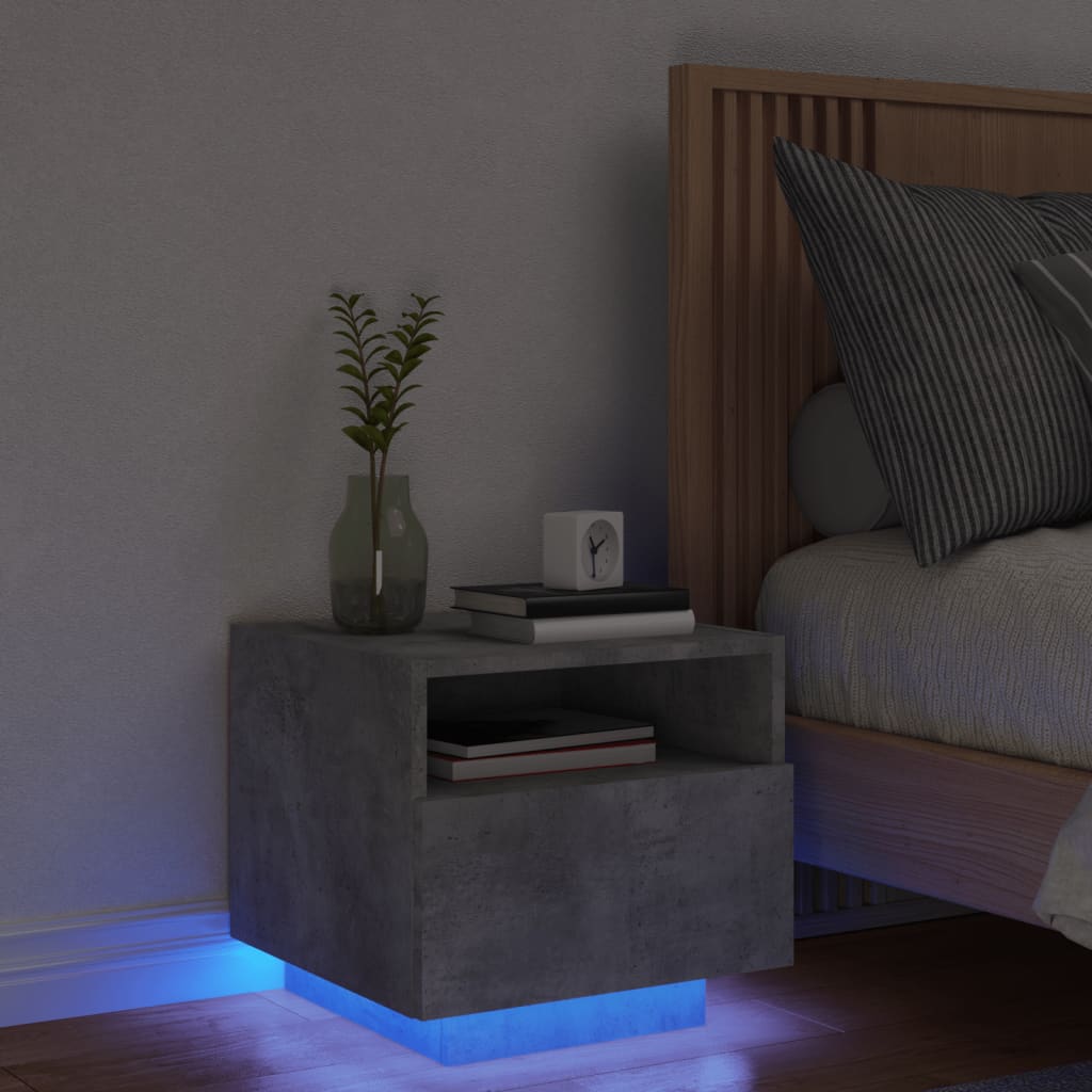 Bedside table with LED lights concrete grey 40x39x37 cm