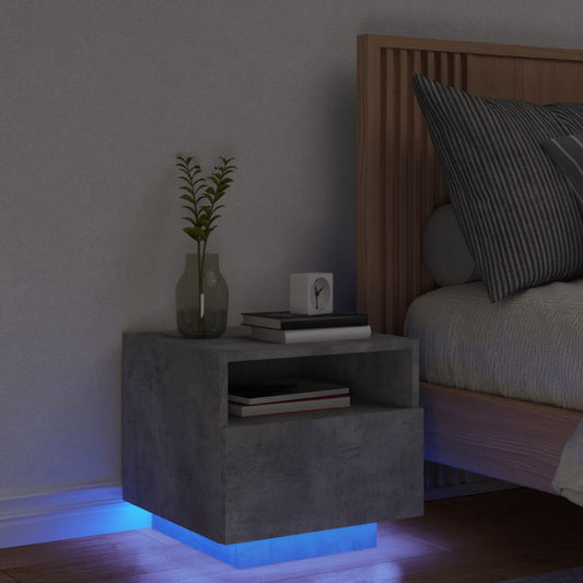 Bedside table with LED lights concrete grey 40x39x37 cm