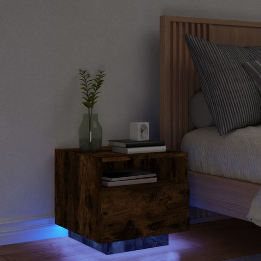 Bedside table with LED lights smoked oak 40x39x37 cm