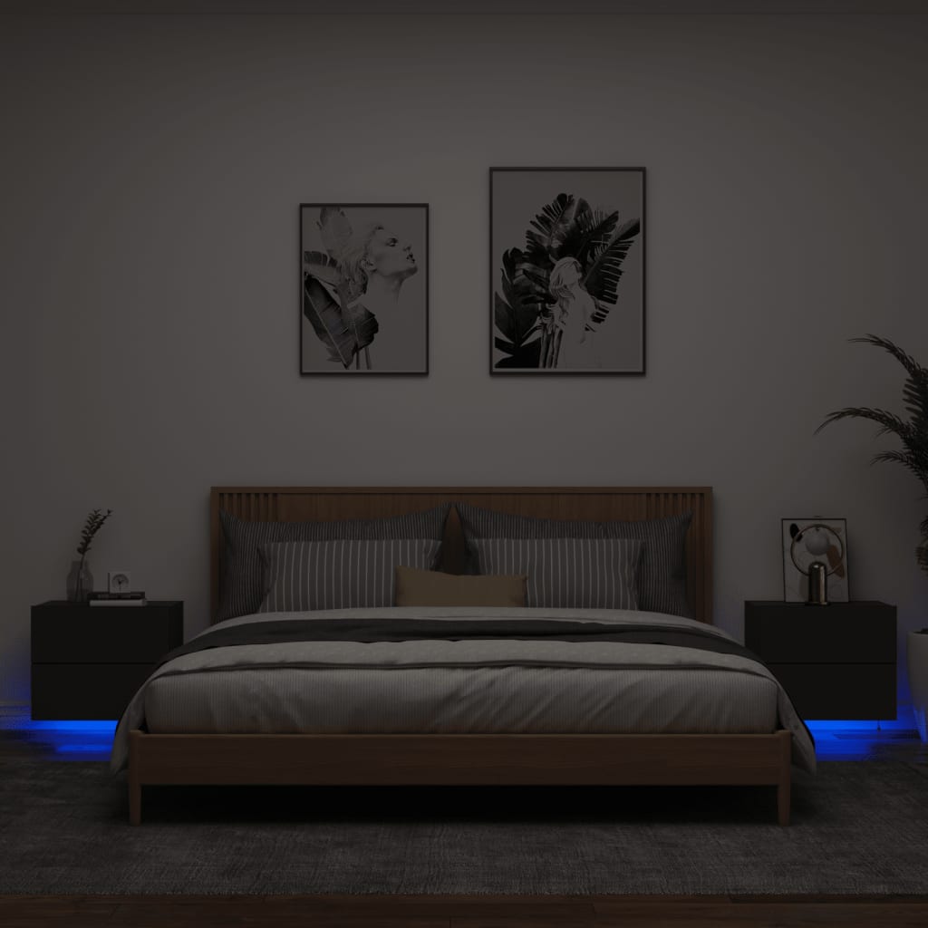 Tables de chevet murales avec lumières LED 2 pcs Noir.