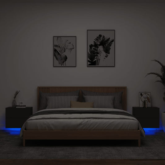 Tables de chevet murales avec lumières LED 2 pcs Noir.