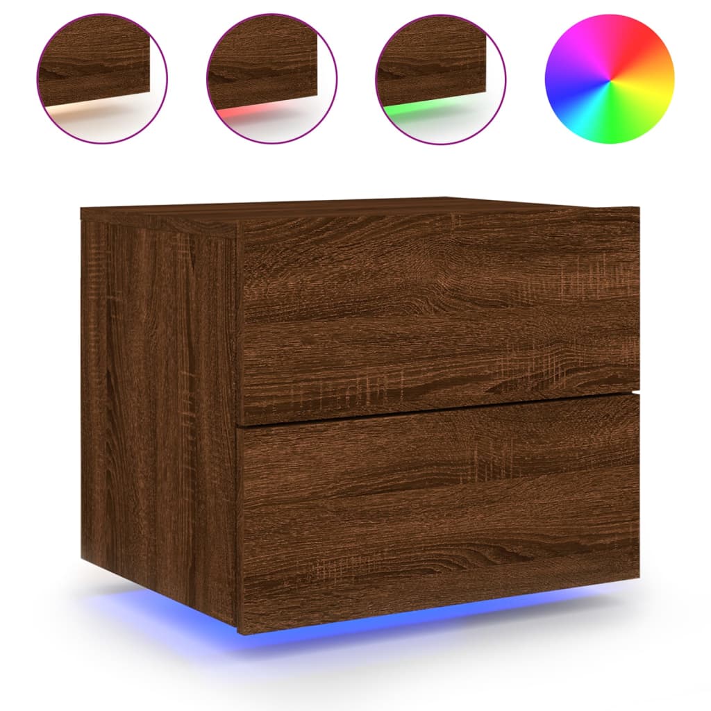 Table de chevet murale avec lumières LED aspect chêne marron