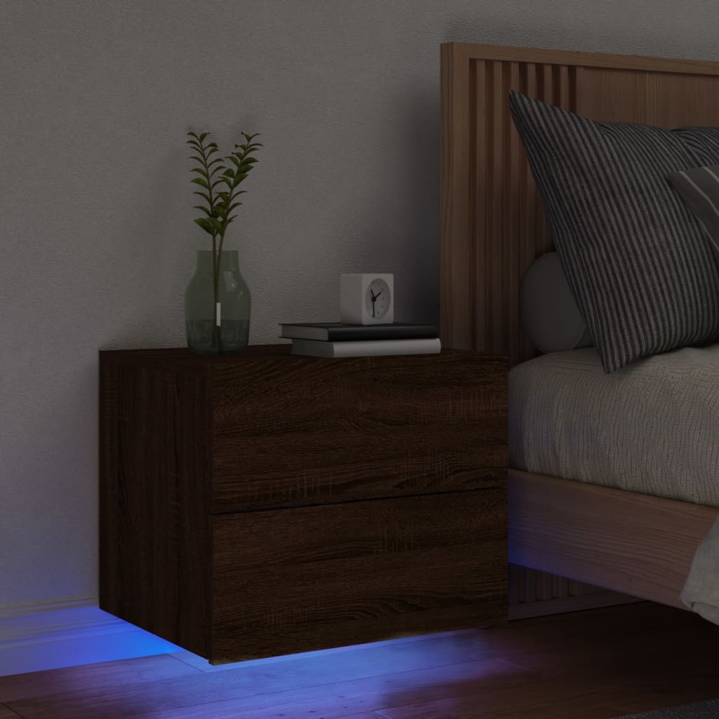 Table de chevet murale avec lumières LED aspect chêne marron