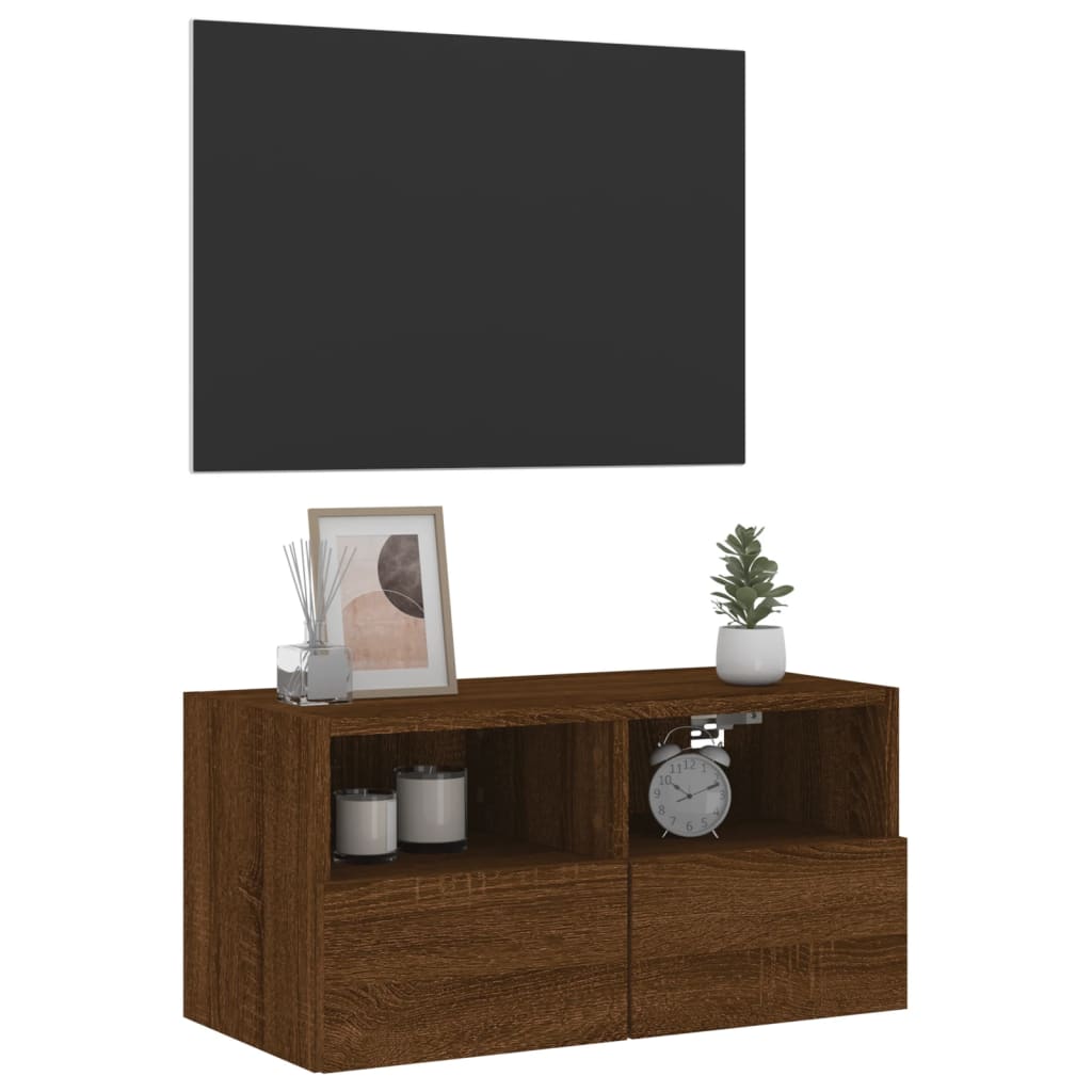 Meuble TV mural aspect chêne marron 60x30x30 cm matériau bois