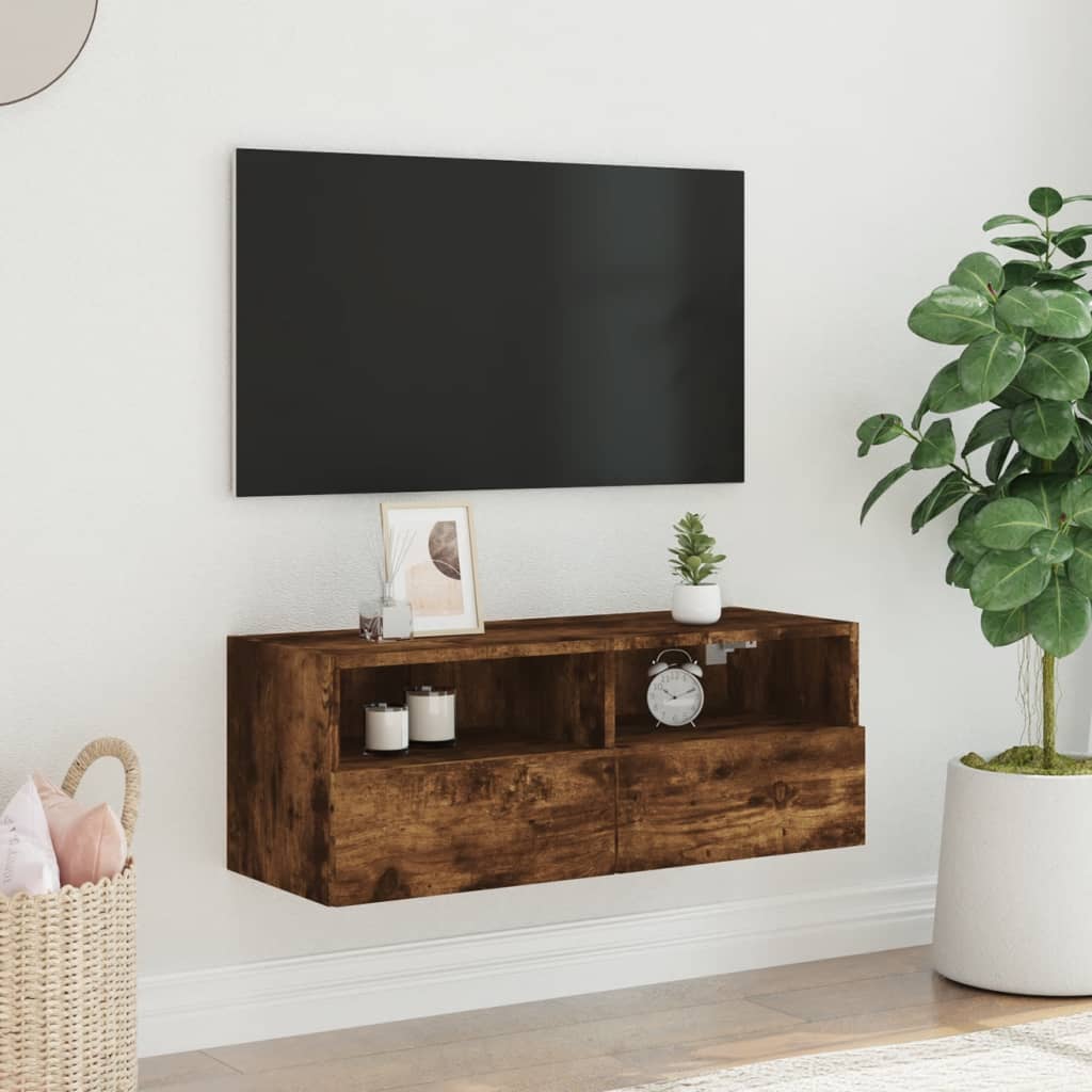 Meuble TV mural chêne fumé 80x30x30 cm en bois