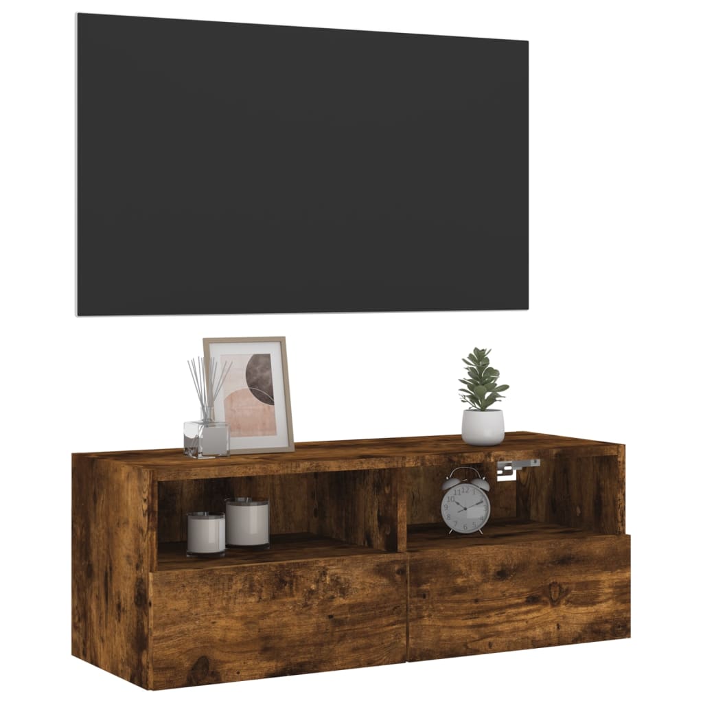 Meuble TV mural chêne fumé 80x30x30 cm en bois