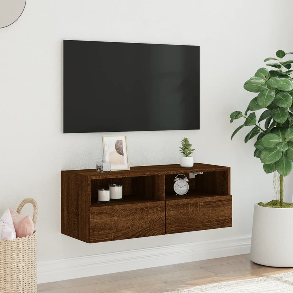 Meuble TV mural aspect chêne marron 80x30x30 cm matériau bois