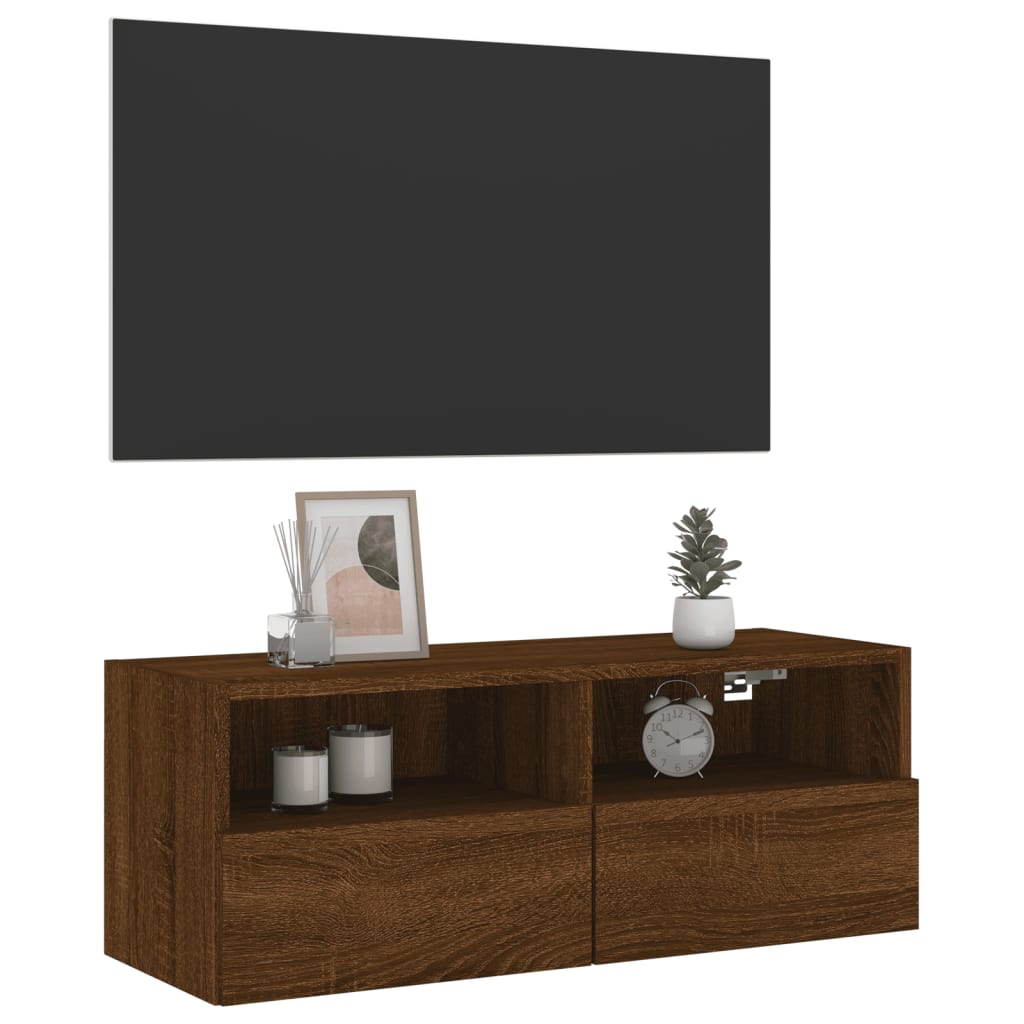 Meuble TV mural aspect chêne marron 80x30x30 cm matériau bois