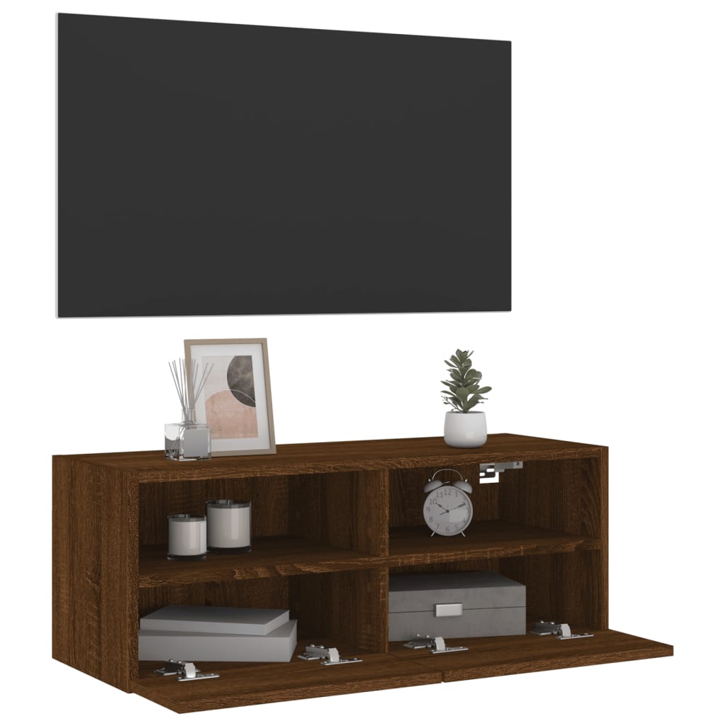 Meuble TV mural aspect chêne marron 80x30x30 cm matériau bois