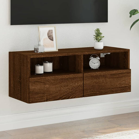 Meuble TV mural aspect chêne marron 80x30x30 cm matériau bois