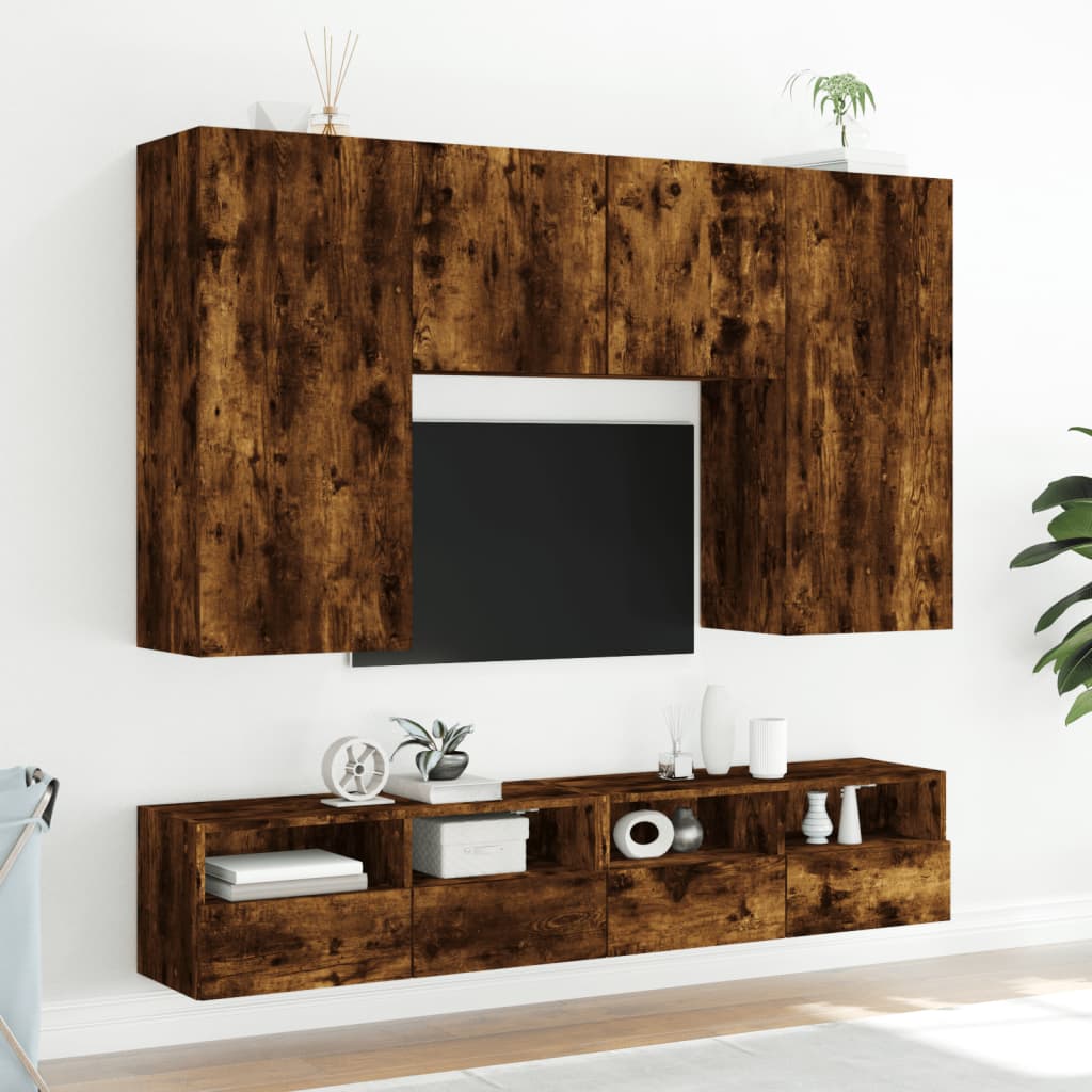Meubles muraux TV 2 pièces Chêne fumé 100x30x30 cm matériau bois.