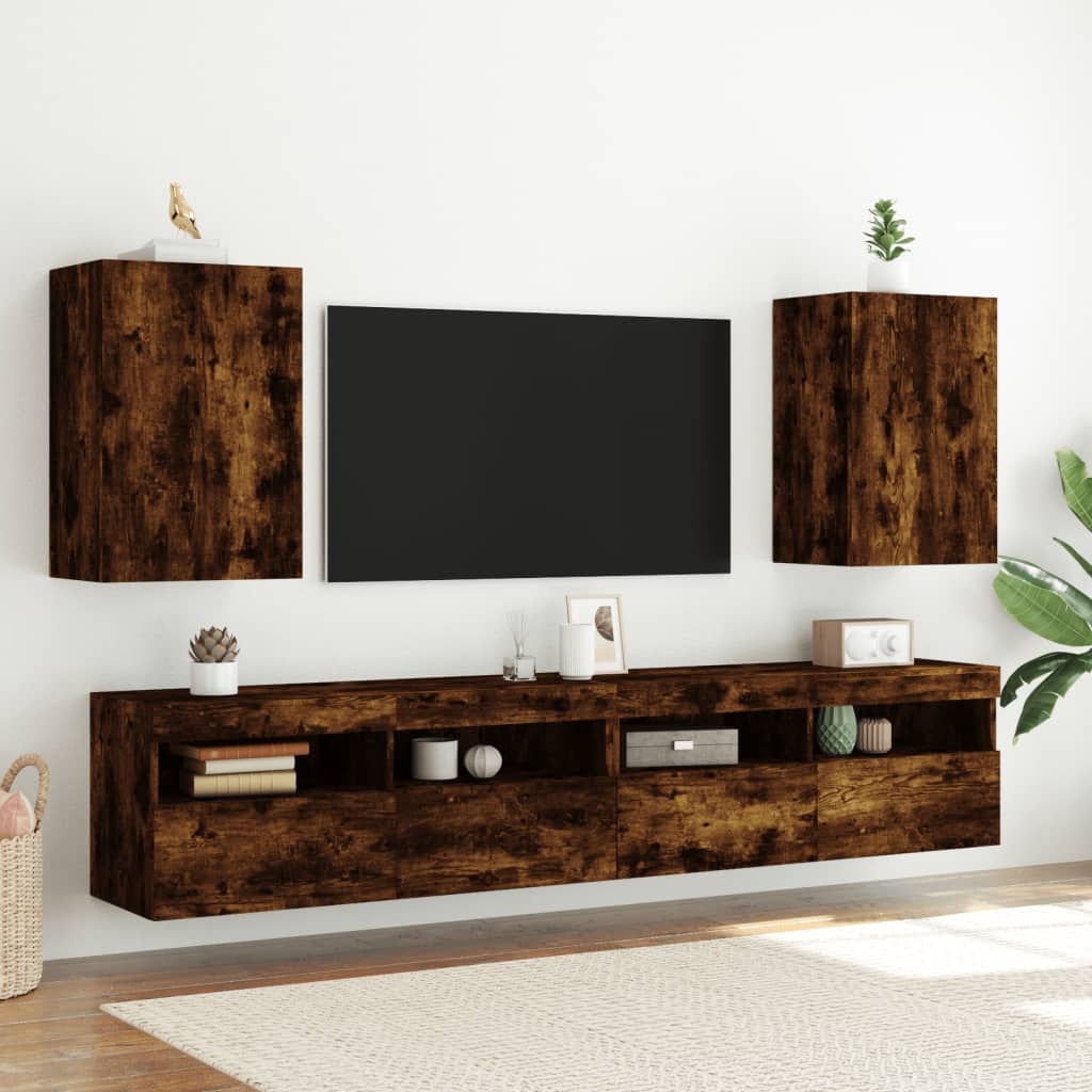 Meubles muraux TV 2 pièces Chêne fumé 40,5x30x60 cm matériau bois.