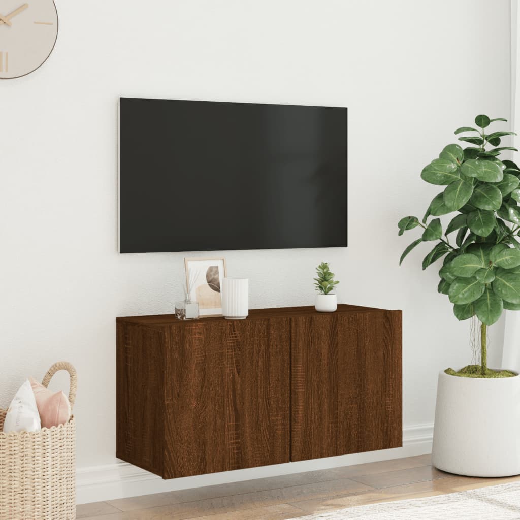 Meuble TV mural aspect chêne marron 80x30x41 cm