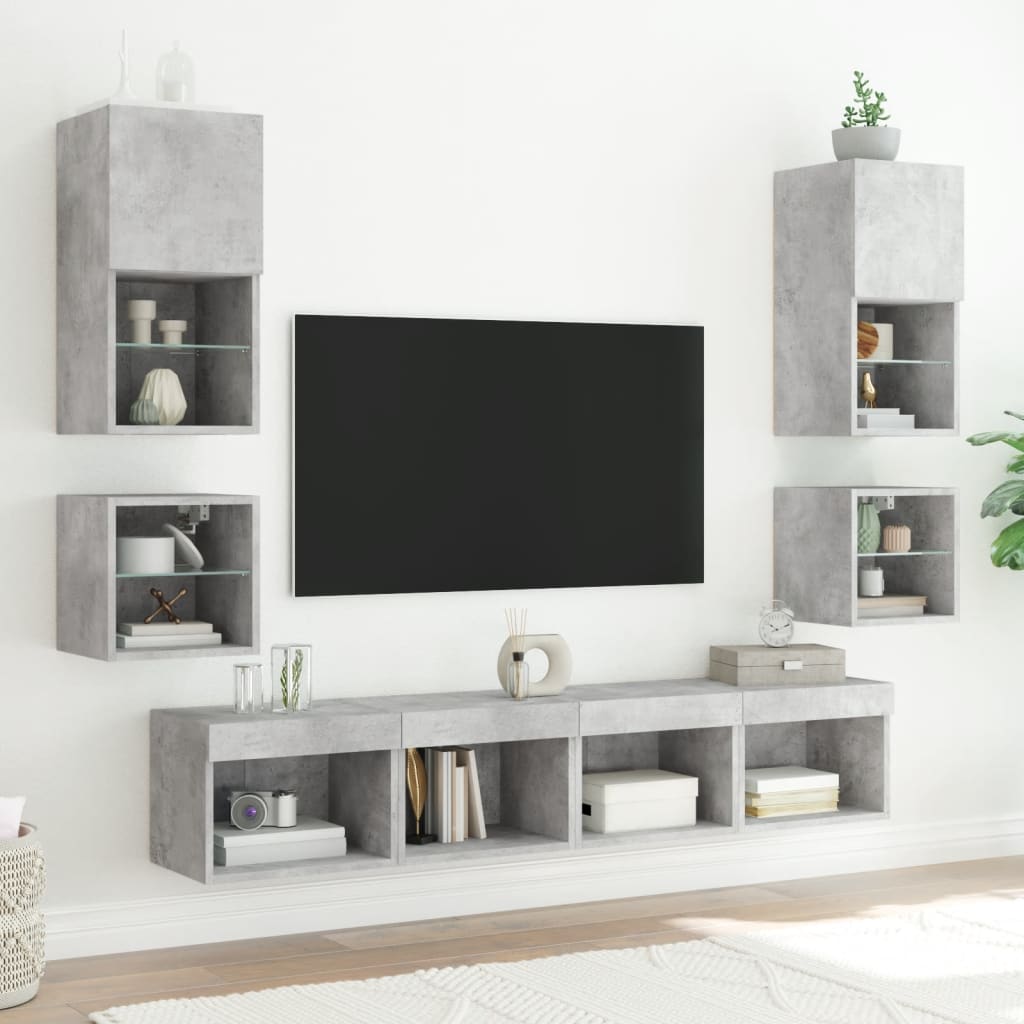 Meubles TV muraux avec lumières LED 2 pièces Gris béton 30x28,5x30 cm.