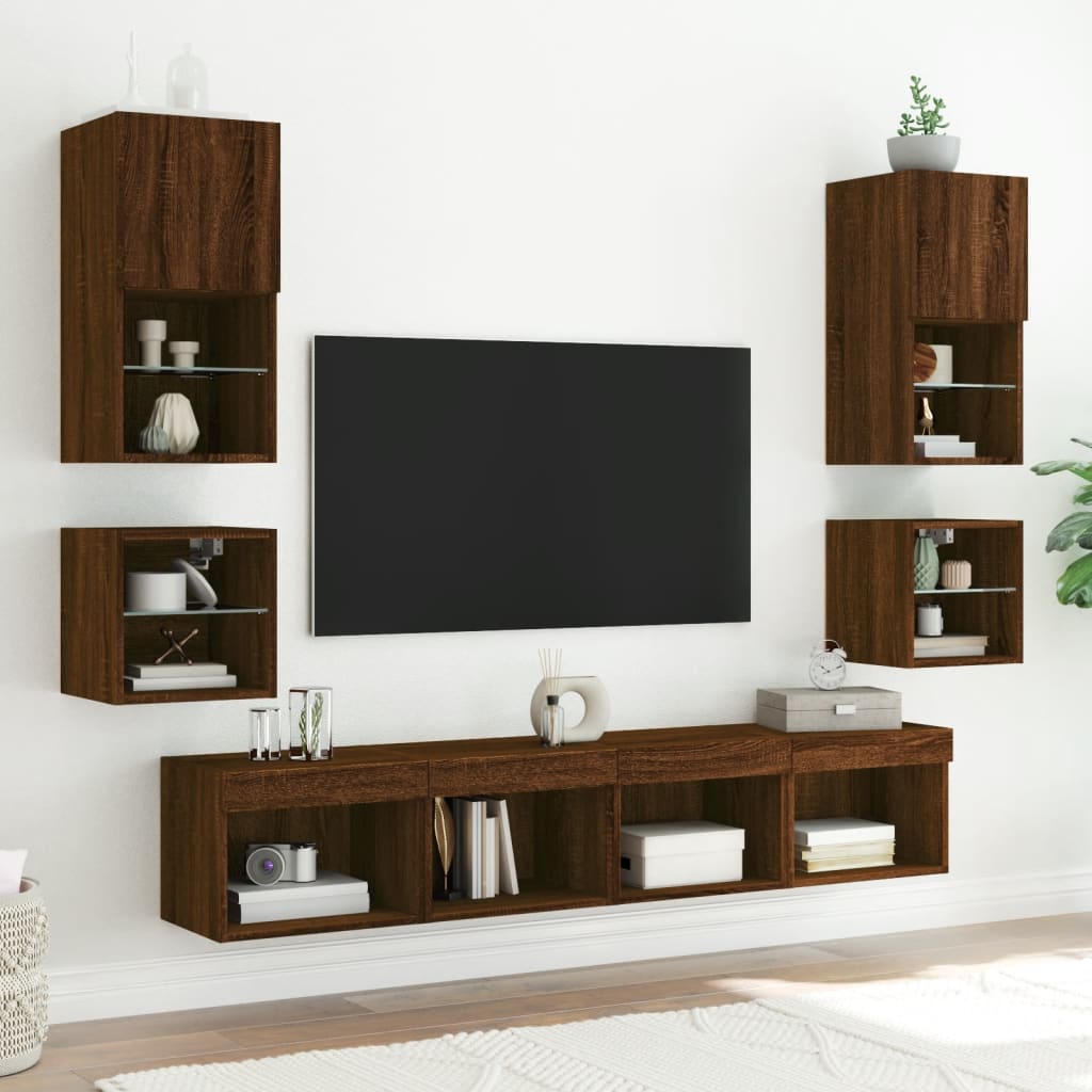 Meubles TV muraux avec lumières LED 2 pièces aspect chêne marron.