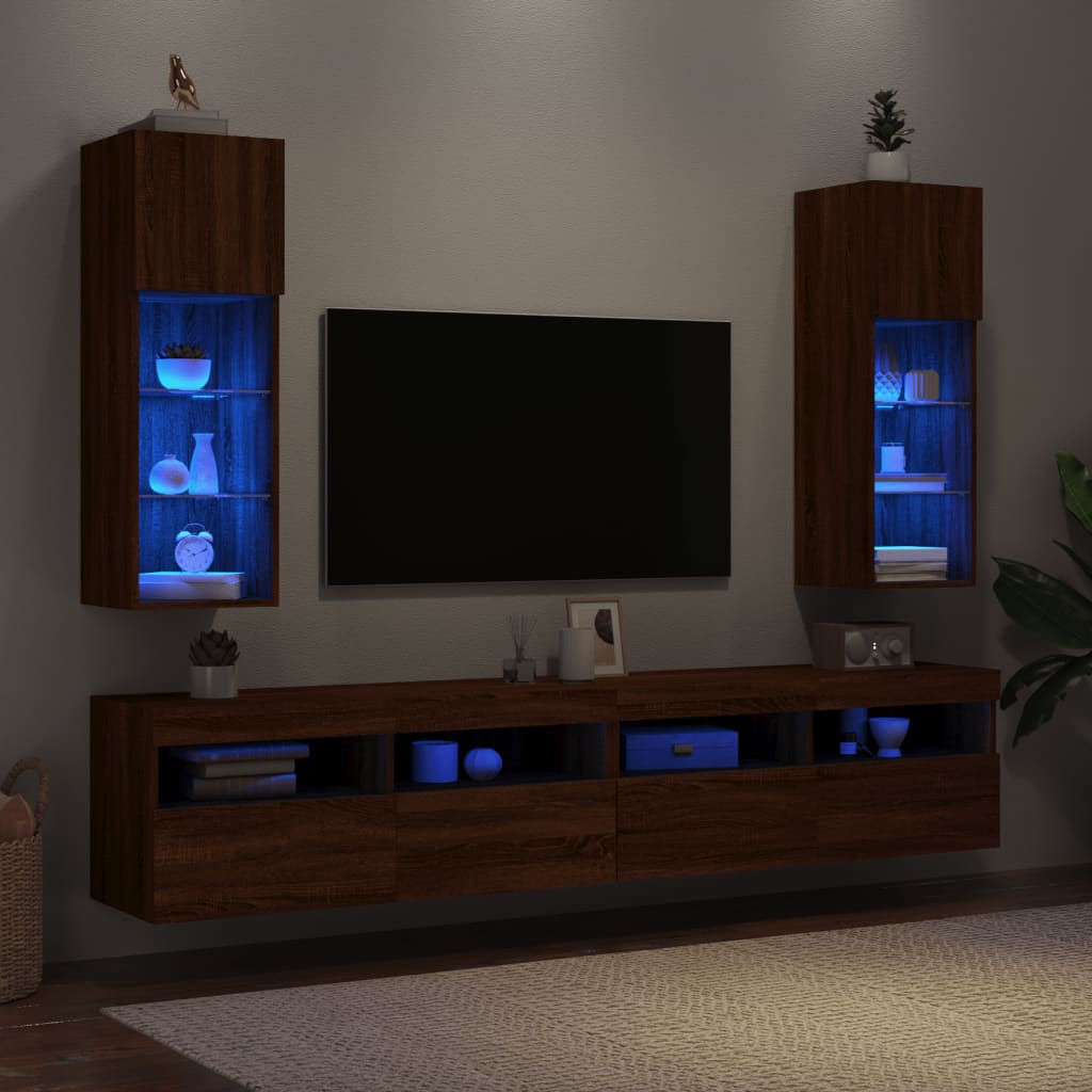 Meubles TV avec lumières LED 2 pièces aspect chêne brun.