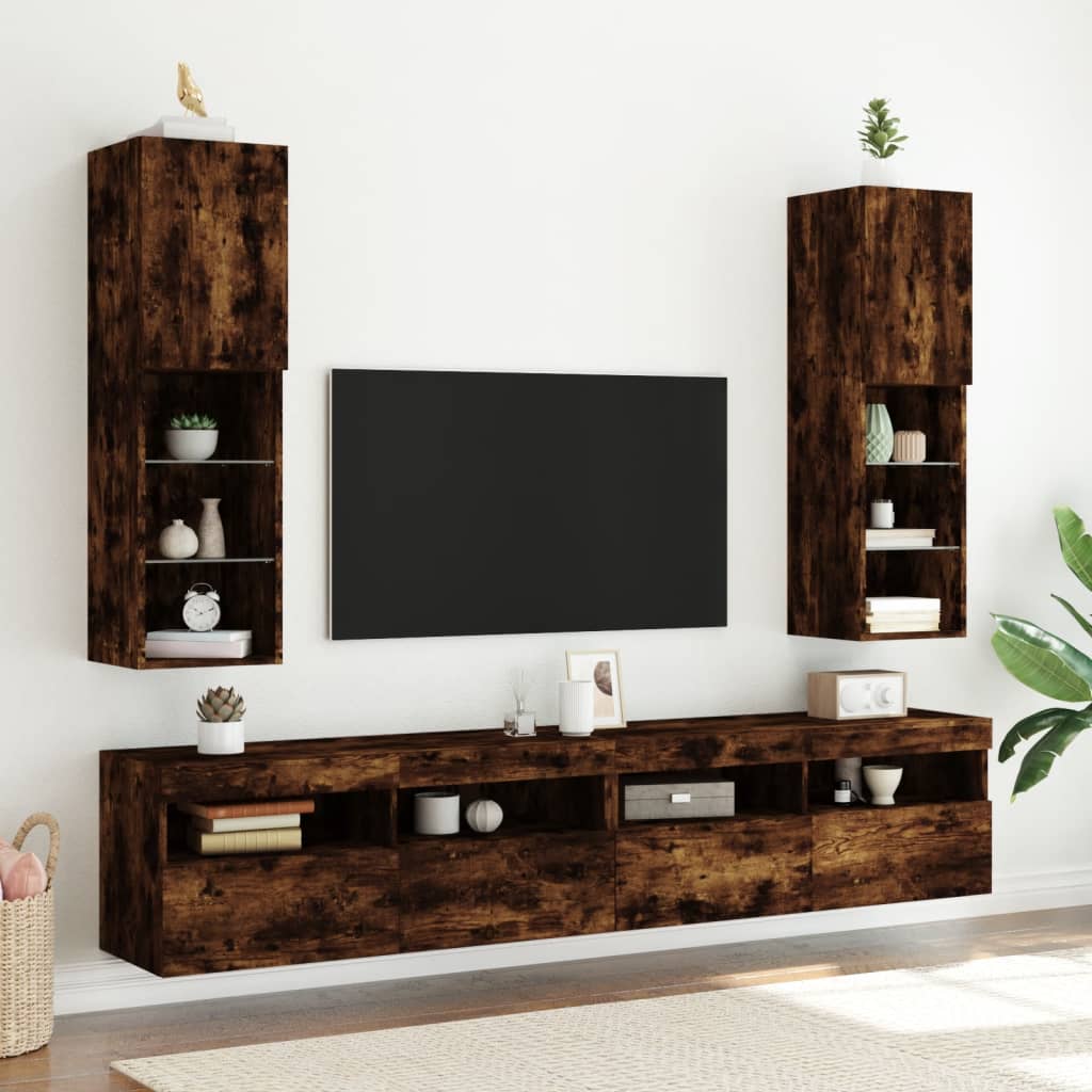 TV cabinet with LED lights smoked oak 30.5x30x102 cm