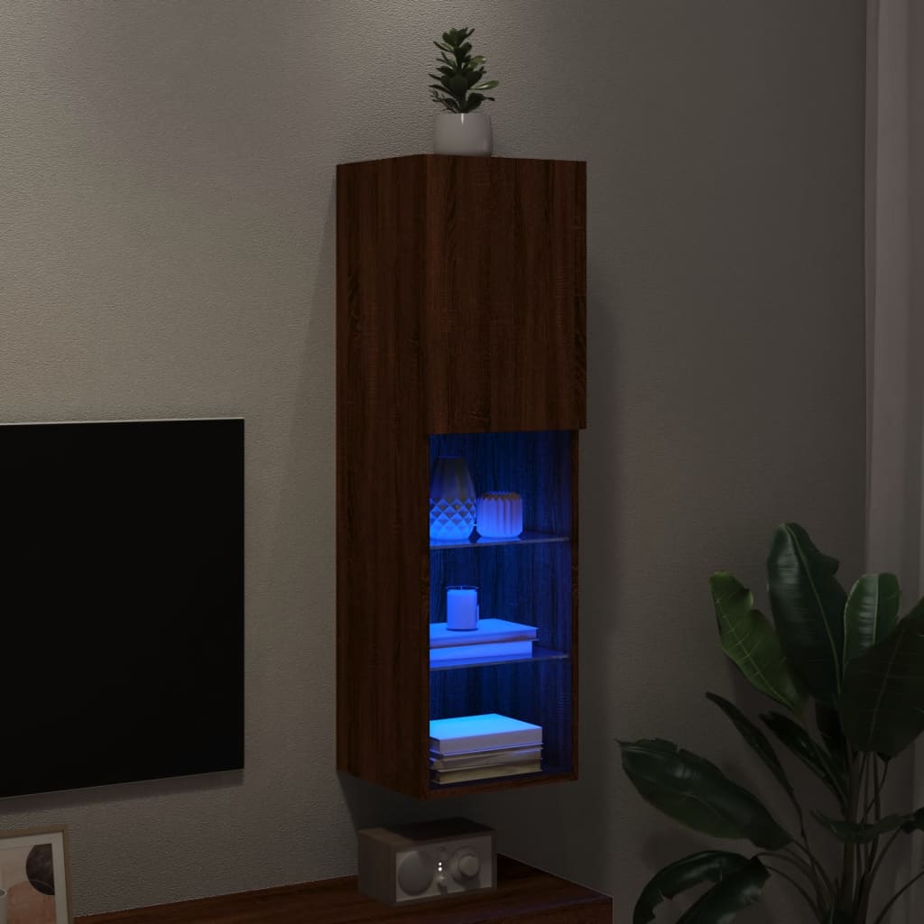 TV cabinet with LED lights brown oak look 30.5x30x102 cm