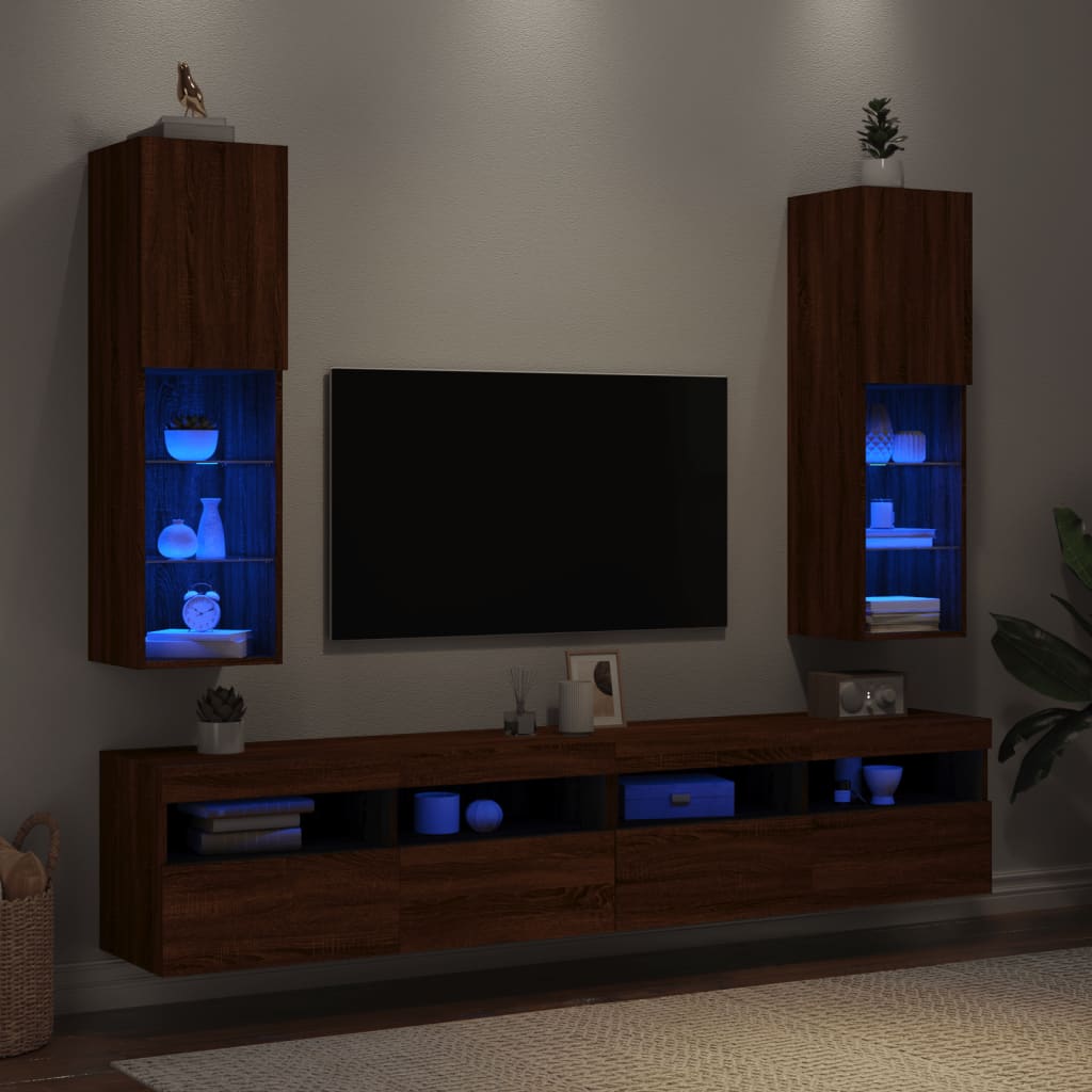 Meubles TV avec lumières LED 2 pièces aspect chêne brun.