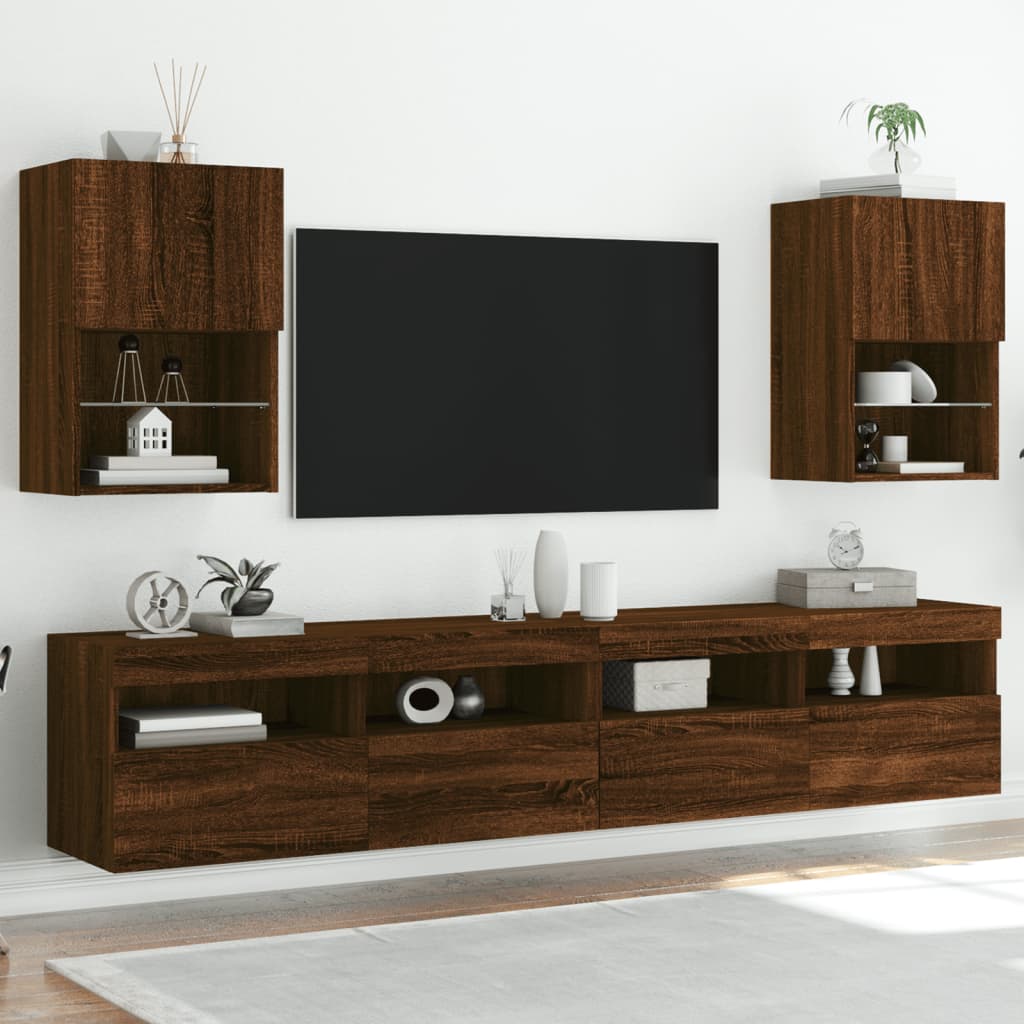 Meubles TV avec lumières LED 2 pièces aspect chêne marron.