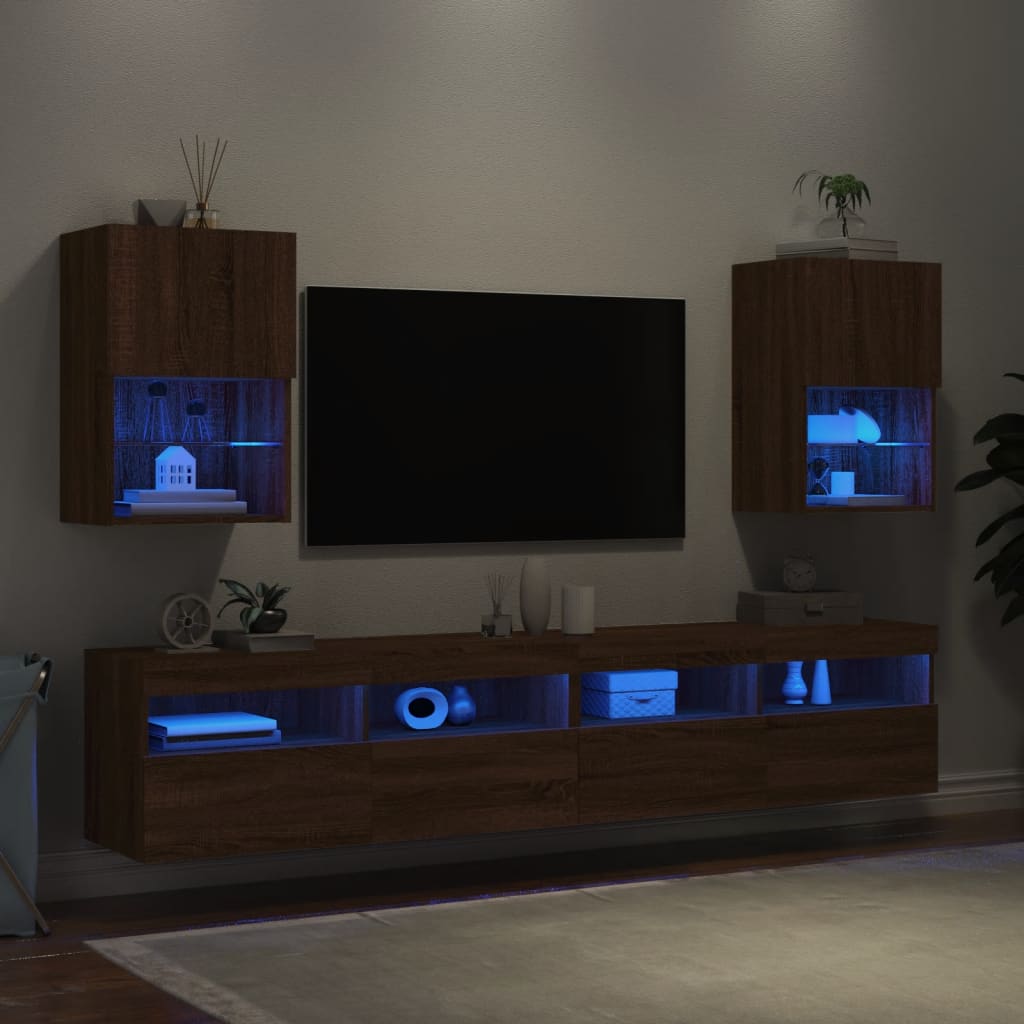 Meubles TV avec lumières LED 2 pièces aspect chêne marron.