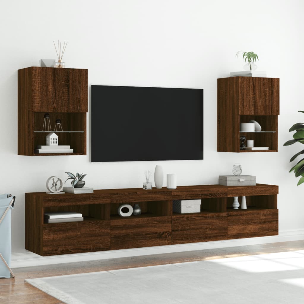 Meubles TV avec lumières LED 2 pièces aspect chêne marron.