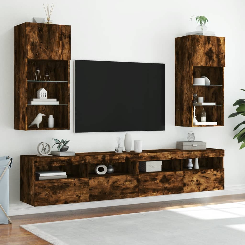 TV cabinet with LED lights smoked oak 40.5x30x90 cm